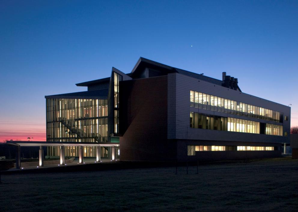 nighttime exterior view of Multidisciplinary Research Building